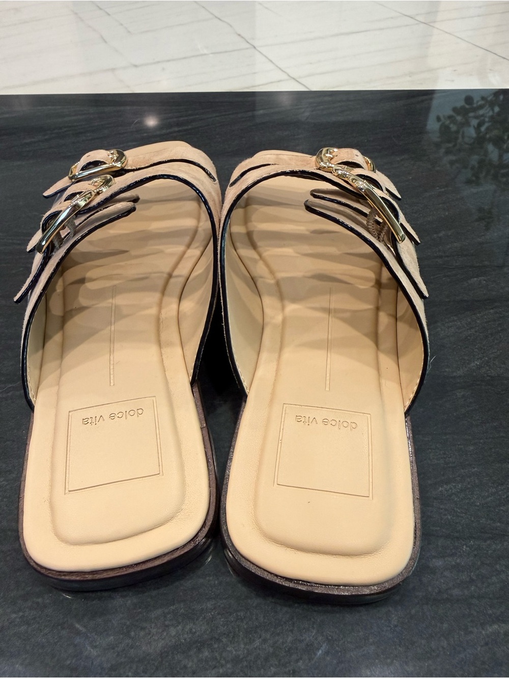 Dolce Vita Triple-Buckle Slide Sandals in Beige with Gold Buckles - Picture 4 of 8